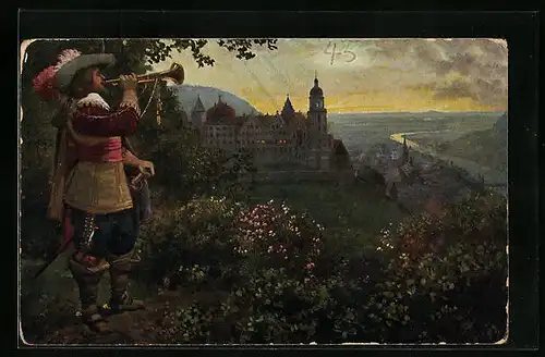Künstler-AK Behüt Dich Gott!, der Trompeter von Säckingen mit Blick auf Stadt und Schloss