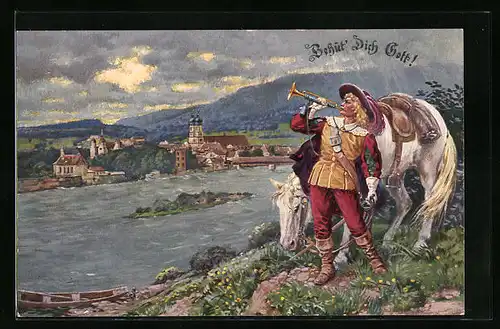 Künstler-AK Behüt Dich Gott!, der Trompeter von Säckingen am Flussufer, Ortspanorama