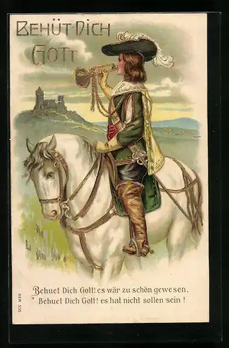 Präge-Lithographie Behüt Dich Gott!, Trompeter von Säckingen auf seinem Pferd blickt zur Festung