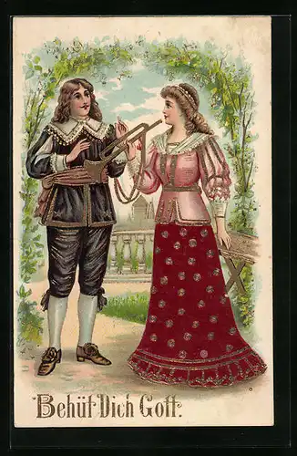 Präge-Lithographie Behüt Dich Gott!, Trompeter von Säckingen, die liebste mit der Trompete in der Hand
