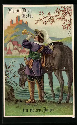 Präge-Lithographie Behüt Dich Gott!, Trompeter von Säckingen, im neuen Jahre, am Ufer beim Trompeten