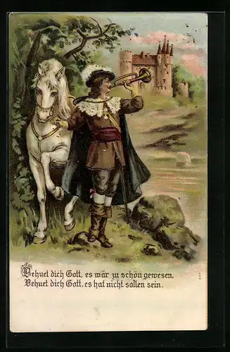 Präge-Lithographie Behüt Dich Gott!, Trompeter von Säckingen, Blick zum Schloss