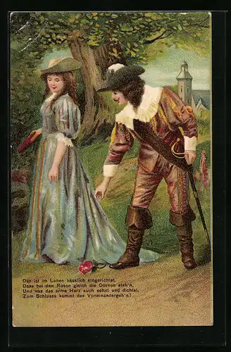 Präge-Lithographie Behüt Dich Gott!, Trompeter von Säckingen, eine Rose aufheben, mit Margarethe am Wald