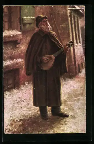 Künstler-AK Alter Mann mit seiner Laute in der Stadt