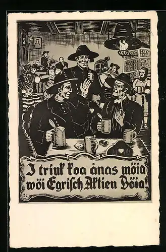Künstler-AK Brauerei-Werbung, Männer beim Bier trinken in der Gaststube