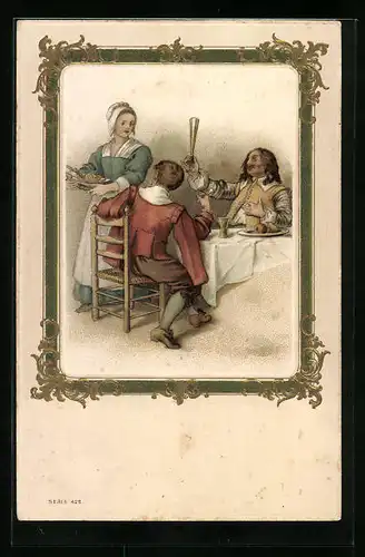 Präge-Lithographie Gastronomie, Zwei Männer werden im Wirtshaus bedient, Gastronomie