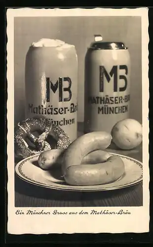 AK München, Mathäser-Bräu, Würstchen, Brezel und Bierkrüge