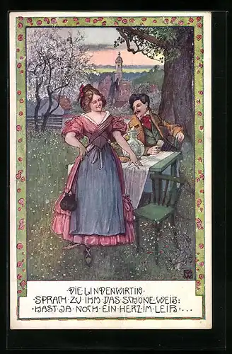 Lithographie Pärchen amn einem Tisch vor dem Ort, Gastronomie