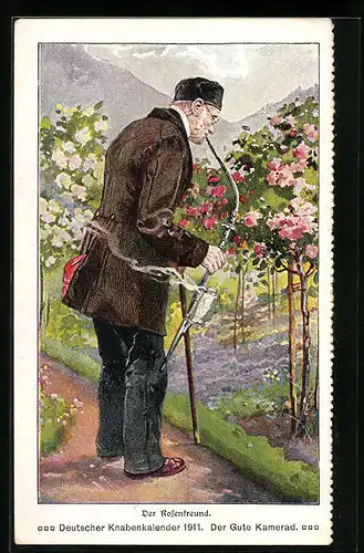 Lithographie Gärtnermit Pfeife an seinen Rosenbüschen