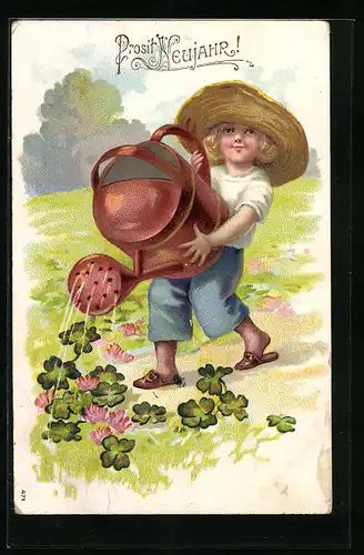 Präge-Lithographie Neujahresgruss, kleiner Gärtner giesst den Glückslklee