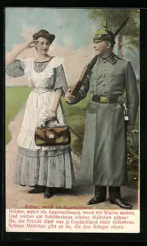 AK Soldat in Uniform trifft ein Dienstmädchen in Arbeitskleidung