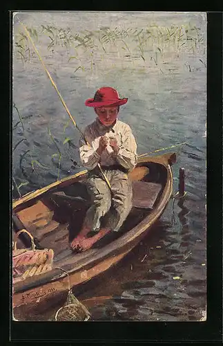 Künstler-AK Junge in einem Ruderboot beim Angeln