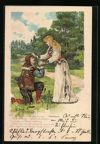 Präge-Lithographie Behüt Dich Gott!, Trompeter von Säckingen, auf den Knien vor seiner Margarethe
