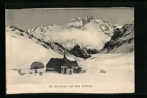 AK St. Christoph am Arlberg, Blick auf die Kirche im Schnee