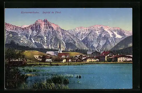 AK Seefeld, Ortsansicht vom Seufer aus mit Karwendelbahn