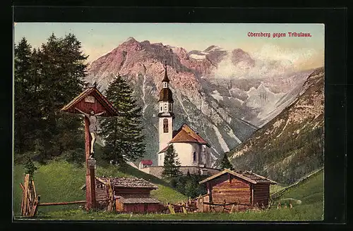 AK Obernberg, Kreuz vor der Kirche gegen Tribulaun