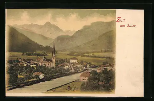 AK Zell im Zillertal, Blick auf die Kirche am Flussufer