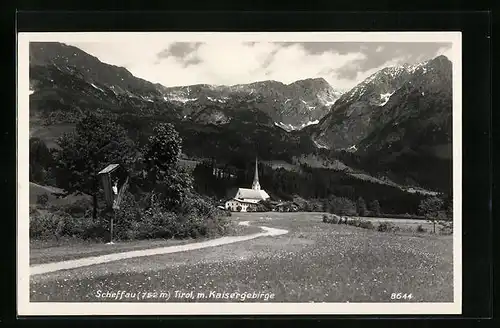 AK Scheffau, Blick zur Kirche unter dem Kaisergebirge