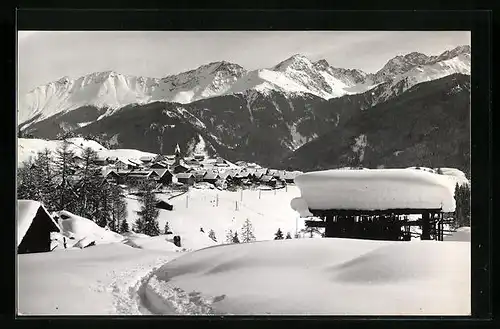 AK Serfaus, Blick auf den eingeschneiten Ort