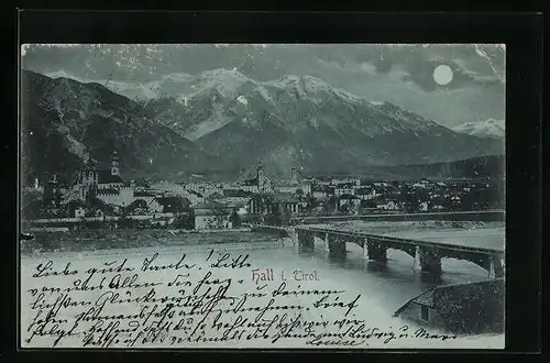 Mondschein-AK Hall i. Tirol, an der Brücke in die Stadt