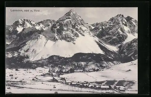 AK Lermoos, Ortsansicht unter dem verschneiten Berg