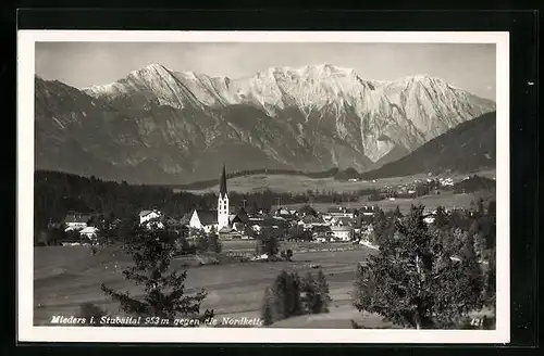 AK Mieders im Stubaital, Blick zur Kirche und auf die Nordkette