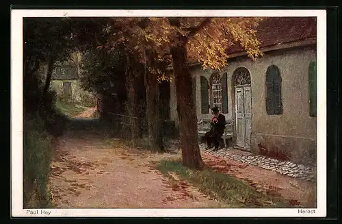 Künstler-AK Paul Hey: Herbst, Mann sitzt vor dem Haus