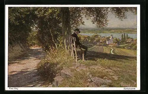 Künstler-AK Paul Hey: Herbstsonne, alter Mann auf einer Bank