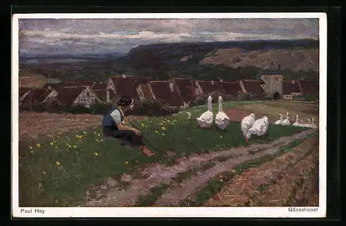 Künstler-AK Paul Hey: Gänseliesel, am Feld über dem Ort