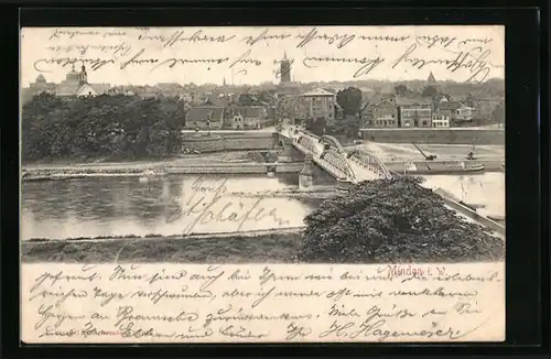 AK Minden i. W., am Weserufer neben der Brücke, Stadtpanorama