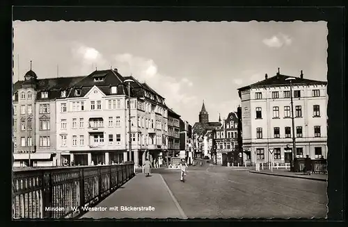 AK Minden i. W., Wesertor mit Blick in die Bäckerstrasse