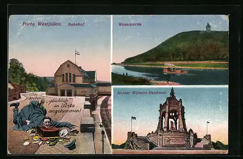 AK Porta Westfalica, am Bahnhof, Weserpartie, Kaiser Wilhelm-Denkmal