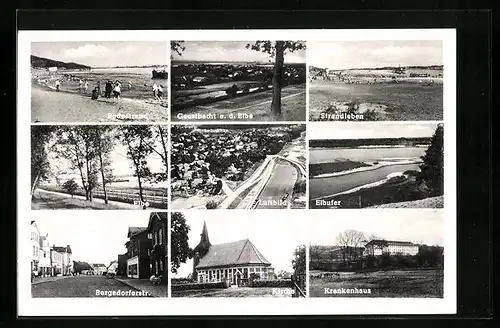 AK Geesthacht a. d. Elbe, Generalansicht, Badestrand, Bergedorferstrasse, Elbufer