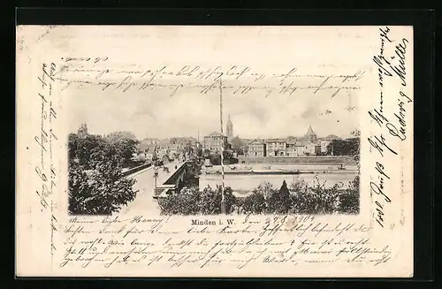 Präge-AK Minden i. W., Blick über die Brücke auf die Stadt