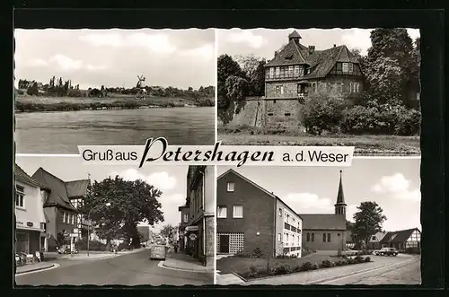 AK Petershagen a. Weser, Uferanlagen mit Windmühle, Platzpartie an der Kirche