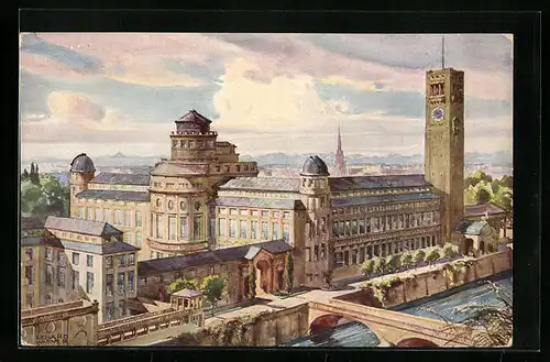 Künstler-AK München, Deutsches Museum, Ansicht von Nordwest