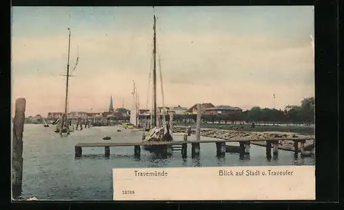 AK Travemünde, Blick auf Stadt und Traveufer