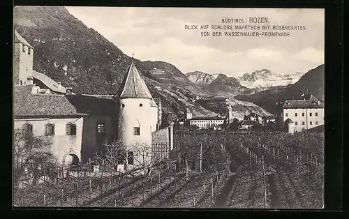 AK Bozen, Blick auf Schloss Maretsch mit Rosengarten von der Wassermauer-Promenade gesehen