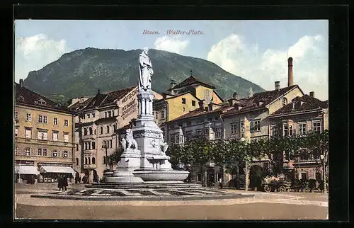 AK Bozen, Walter-Platz mit Denkmal und Hotel-Restaurant