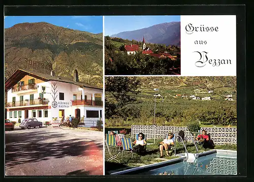 AK Vezzan bei Schlanders, Gasthof Pension Vinschgerhof, Schwimmbecken, Ortspartie mit Kirche