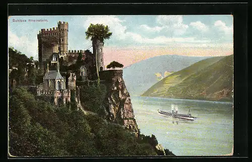 AK Schloss Rheinstein mit Rheindampfer