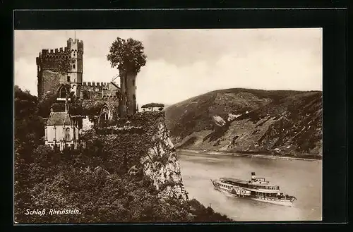 AK Schloss Rheinstein, Totale mit Rheindampfer