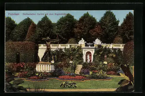 AK Potsdam, Schloss Sanssouci, Sizilianischer Garten mit Bogenschützen