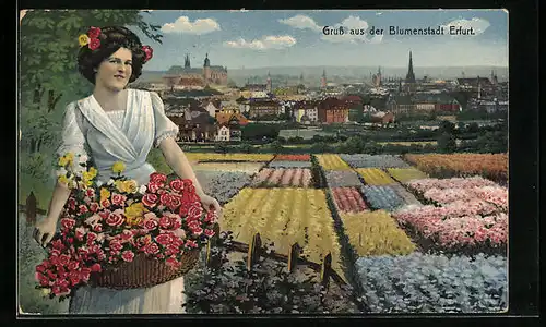 AK Erfurt, Stadtpanorama, Blumenfrau