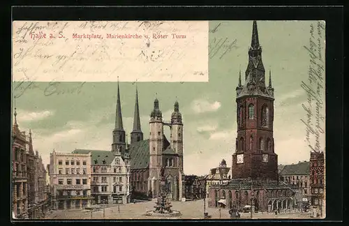 AK Halle a. S., Marktplatz, Marienkirche und Roter Turm