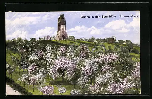 AK Guben, Bismarckturm während der Baumblüte