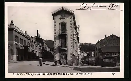 AK Thizy, la Rue Edouard Millaud, la Rue Gambetta