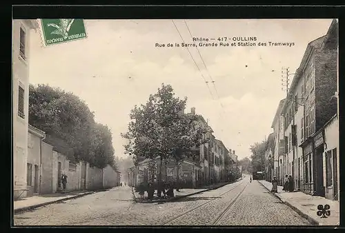 AK Oullins, Rue de la Sarra, Grande Rue et Stations des Tramways