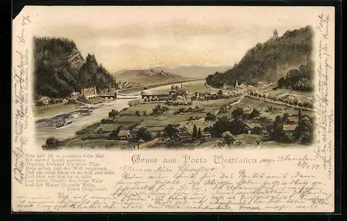 Lithographie Porta Westfalica, Generalansicht des Weserdurchbruch