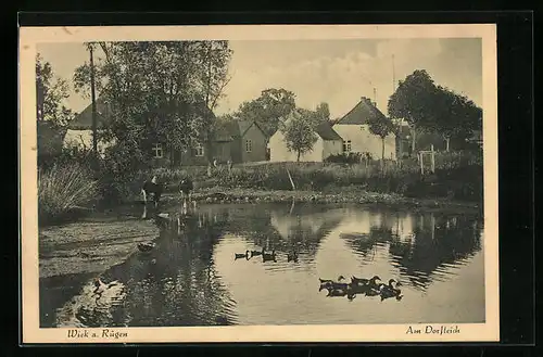 AK Wiek a. Rügen, Wohnhäuser am Dorfteich